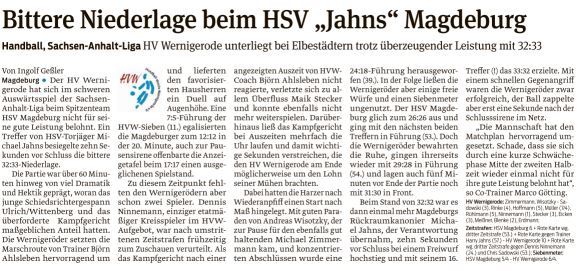 Volksstimme Spielbericht zum Auftreten der 1. Mannschaft beim HSV Magdeburg